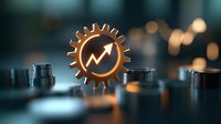 Glowing gear with upward trending arrow symbol surrounded by metallic coins on dark surface with bokeh background. Financial growth concept.
