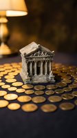 Miniature bank building model surrounded by golden coins on dark surface with warm lamp lighting for financial and investment concepts.