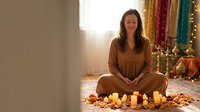 Young Caucasian woman in brown clothing sitting cross-legged on floor surrounded by lit candles in peaceful meditation room with colorful tapestries.