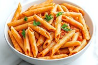 Penne pasta in creamy tomato sauce garnished with fresh parsley and grated parmesan cheese served in white ceramic bowl on marble surface.