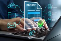 Digital invoice management system with automated workflow icons floating above businessman hands typing on laptop for modern accounting solutions.