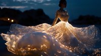 Young woman in flowing illuminated white dress poses at twilight, magical glowing fabric creates ethereal effect against dark blue evening sky with bokeh lights.