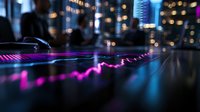 Glowing pink financial chart line against blurred urban nighttime cityscape with bokeh lights creates dramatic market visualization for business presentations.