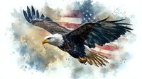 Majestic bald eagle soaring with spread wings against watercolor American flag background, patriotic wildlife art combining national symbol and stars and stripes.