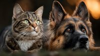 Adorable tabby cat and German shepherd dog lying together indoors, showcasing interspecies friendship and companionship between domestic pets.