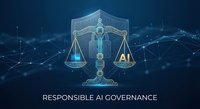 Digital scales of justice with AI text on blue network background representing artificial intelligence governance and ethical technology regulation.