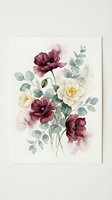 Watercolor floral bouquet with burgundy poppies and cream roses on white background for wedding invitations, home decor and botanical art prints.