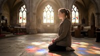 Young woman meditating in peaceful prayer inside gothic cathedral with colorful stained glass windows casting rainbow light patterns on stone floor.