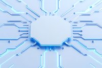 Glowing blue circuit paths lead to central white octagonal platform against light background, creating modern technological composition for tech presentations.