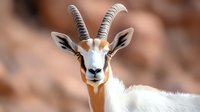 Striking portrait of dorcas gazelle with distinctive curved horns and facial markings against blurred natural background, showcasing wildlife in natural habitat.