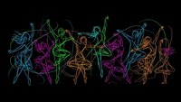 Dynamic neon outline dancers in colorful glowing lines performing ballet and contemporary dance moves against black background for creative projects.