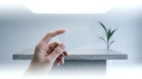 Human hand reaching toward minimalist floating shelf with green plant in modern interior space showcasing contemporary home decor and clean design aesthetics.