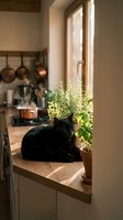 Black cat resting on wooden kitchen counter near window with herbs and plants in warm sunlight creating cozy domestic atmosphere for home lifestyle content.
