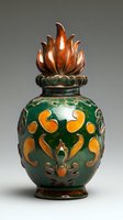 Ornate ceramic vessel with flame-shaped copper lid and emerald green glaze decorated with golden motifs, showcasing traditional Asian craftsmanship.