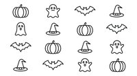 Halloween line icons set with pumpkins, ghosts, bats and witch hats on white background. Perfect for seasonal designs, decorations and spooky projects.