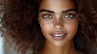 Young African American woman with natural curly hair, freckles and bright blue eyes smiling at camera against dark background. Close up portrait showing genuine expression.