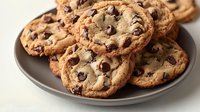 Fresh baked chocolate chip cookies with crispy edges and gooey centers stacked on gray ceramic plate, close up view showing melted chips and golden brown texture.