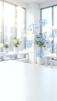 Suspended blue financial icons including scales, coins, and growth charts float above a bright office desk with blurred windows and plants, representing business, law, and investment concepts.