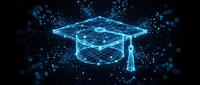 Glowing wireframe graduation cap with digital particles on dark background, representing online education, e-learning, and academic achievement in technology.