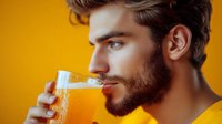 Young bearded man drinking fresh orange juice from glass against vibrant yellow background, profile view showing healthy lifestyle and refreshment.
