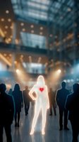 Glowing human figure with red heart stands out among crowd silhouettes in modern corporate lobby, representing leadership, compassion and standing out from crowd.