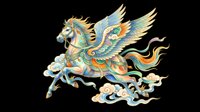 Ornate winged horse with colorful flowing mane and cloud motifs, isolated on transparent background. Great for t-shirt design, stickers, clipart, sublimation, print on demand.