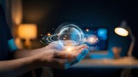 Hands holding glowing digital globe with holographic planet and light particles, representing global connectivity, technology innovation, and worldwide business networks.