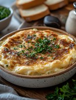 Creamy potato gratin with golden brown crust garnished with fresh herbs in ceramic baking dish, served with bread slices and chives on rustic wooden table.