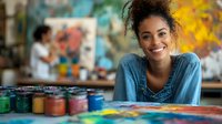 Young African American female artist smiling in art studio with colorful paint jars and canvas, wearing denim shirt, natural curly hair in casual creative workspace.
