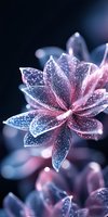 Magical glowing crystal flower in pink and blue colors with intricate network pattern on dark background, ethereal artistic nature concept.