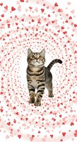 Tabby cat standing surrounded by falling red and pink hearts on white background, isolated for Valentine's Day designs, greeting cards, and love-themed projects.