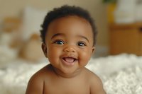 Joyful African American baby smiling brightly while lying on white bedding, showing pure happiness and innocence in natural light setting. Perfect for parenting and childcare themes.