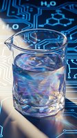 Glass beaker with swirling liquid on futuristic circuit board background for chemistry research and technology innovation concepts.