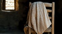 Cozy knitted beige sweater draped over rustic wooden chair in moody dark room with natural window light creating atmospheric vintage home interior scene.