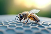 Honey bee with striped abdomen standing on blue hexagonal honeycomb structure, macro nature photography for educational, agricultural, and beekeeping content.