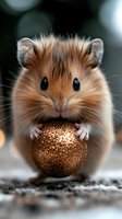 Adorable hamster holding golden glitter ball with tiny paws, cute rodent pet portrait for holiday greeting cards and festive seasonal decorations.