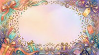 Colorful ornamental frame with gift boxes and floral swirls on gradient background, isolated design element suitable for greeting cards, invitations, and festive posters.