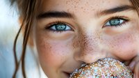 Young Caucasian woman with freckles and striking blue eyes enjoying a sprinkled donut, capturing a moment of simple joy and indulgence.