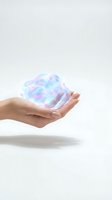 Open hand holding holographic iridescent sphere with rainbow colors floating above palm on clean white background for technology and innovation concepts.