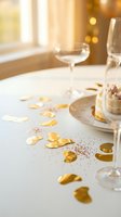 Romantic bathtub scene with golden heart confetti, champagne glasses and candles creating luxurious spa atmosphere for Valentine's Day celebration.