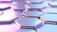 Metallic hexagonal pattern with connected chrome elements on pink and blue gradient background creating futuristic technological surface structure.