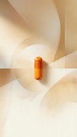 Orange capsule pill on abstract beige curved geometric background for pharmaceutical healthcare and medical supplement advertising concepts.