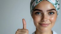 Young woman in floral headscarf showing thumbs up with confident smile and bright blue eyes against light background, expressing positivity and optimism.