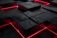 Abstract black geometric surface with glowing red neon lines between textured square blocks creating futuristic technological pattern in dark environment.