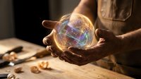 Hands holding glowing crystal ball with mystical energy swirls for fortune telling, divination and spiritual guidance concepts.