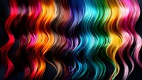 Vibrant wavy strands of multicolored hair flowing in rainbow spectrum against black background, featuring bright neon hues and glossy shine effect.