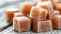 Homemade caramel fudge candy cubes dusted with sugar crystals arranged on rustic wooden surface, macro food photography showing sweet treat texture and detail.