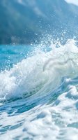 Powerful ocean wave with white foam and water droplets splashing against bright blue sea surface creating dynamic natural seascape for marine and coastal themes.