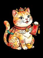 Cute lucky cat in traditional festive attire holding a red lantern and gold ingot, isolated on transparent background, for stickers, t-shirts, print on demand.
