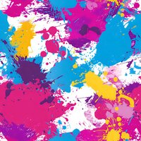 Vibrant paint splatter seamless pattern featuring energetic splashes in magenta, cyan, purple, and yellow on white background. Perfect for modern textile design and creative projects.